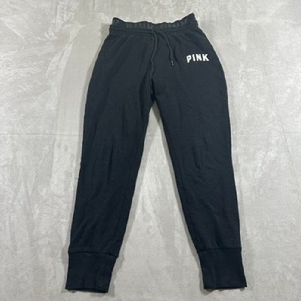 PINK Joggers Women Fleece Graphic Logo Drawstring S Black